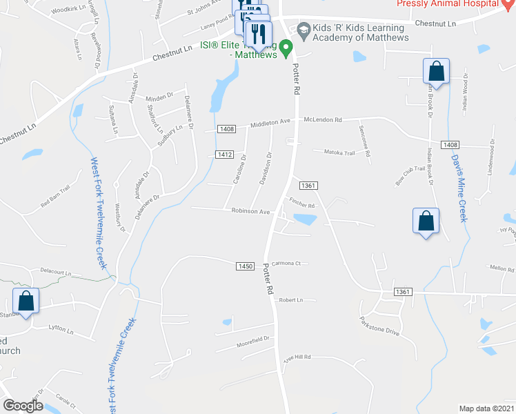 map of restaurants, bars, coffee shops, grocery stores, and more near 6131 Davidson Drive in Matthews