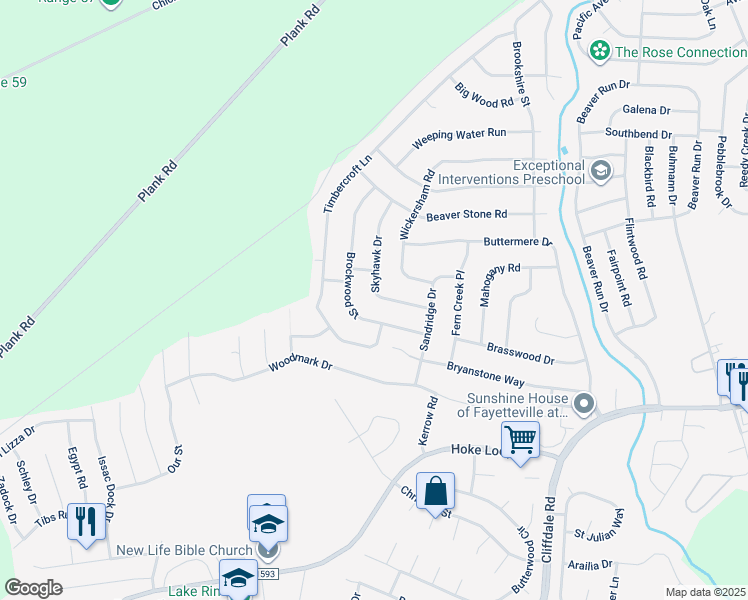 map of restaurants, bars, coffee shops, grocery stores, and more near 6919 Skyhawk Drive in Fayetteville