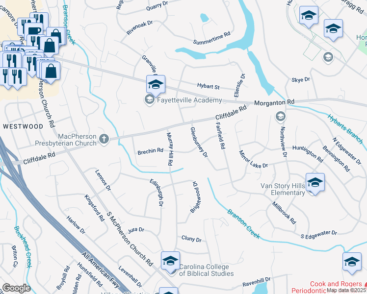 map of restaurants, bars, coffee shops, grocery stores, and more near 3124 Brechin Road in Fayetteville