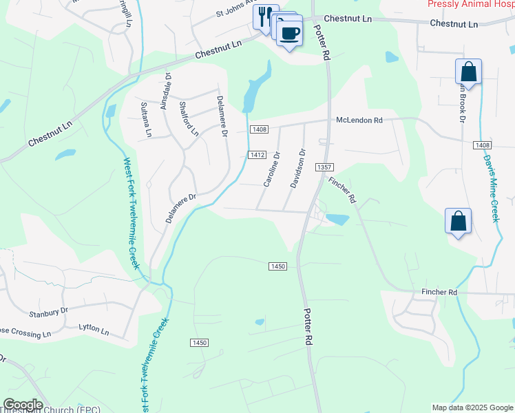 map of restaurants, bars, coffee shops, grocery stores, and more near 6116 Caroline Drive in Matthews