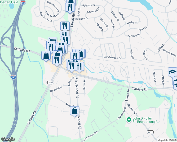 map of restaurants, bars, coffee shops, grocery stores, and more near 6430 Brookstone Lane in Fayetteville