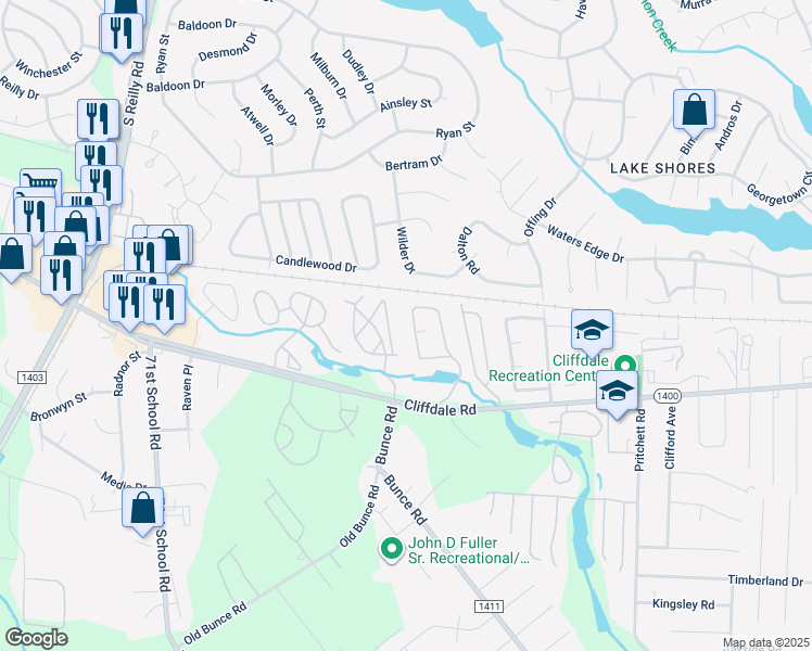 map of restaurants, bars, coffee shops, grocery stores, and more near 671 Bartons Landing Place in Fayetteville
