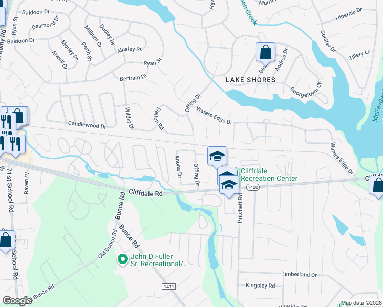 map of restaurants, bars, coffee shops, grocery stores, and more near 6012 Eaglechase Drive in Fayetteville