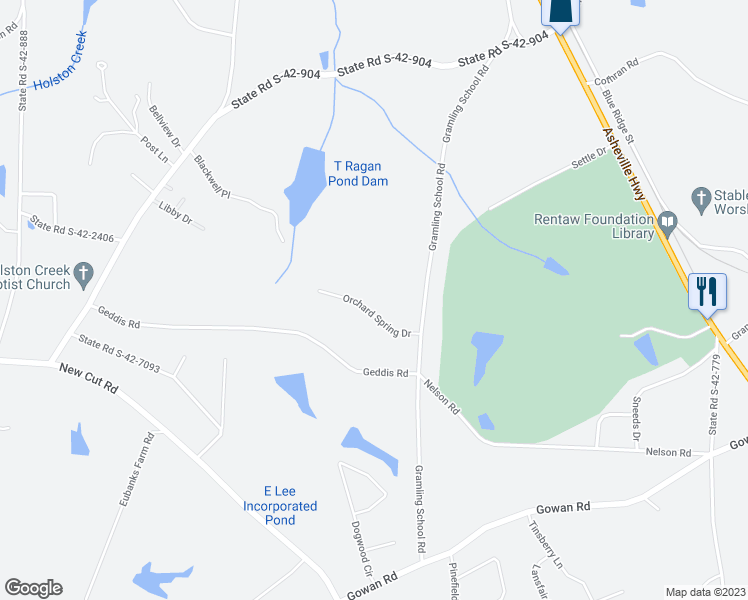 map of restaurants, bars, coffee shops, grocery stores, and more near 128 Orchard Spring Road in Inman