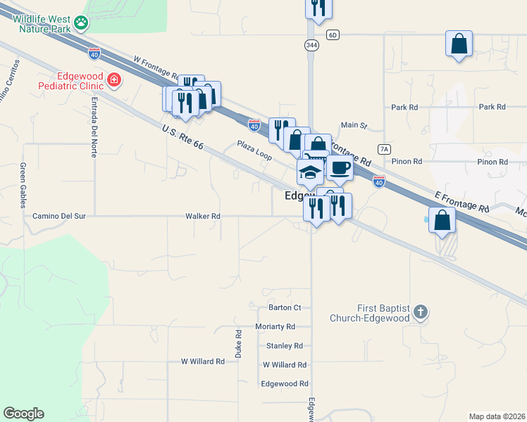 map of restaurants, bars, coffee shops, grocery stores, and more near 1950 New Mexico 333 in Edgewood