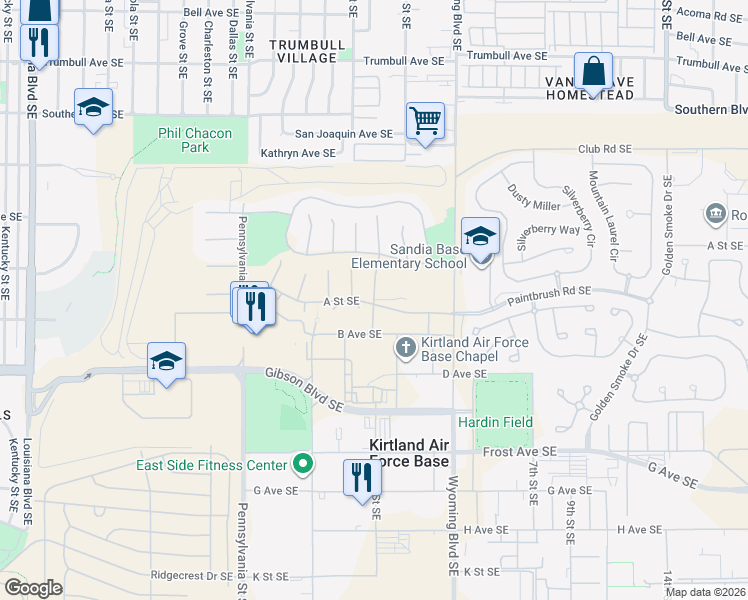 map of restaurants, bars, coffee shops, grocery stores, and more near 3051 Birch Court Southeast in Albuquerque