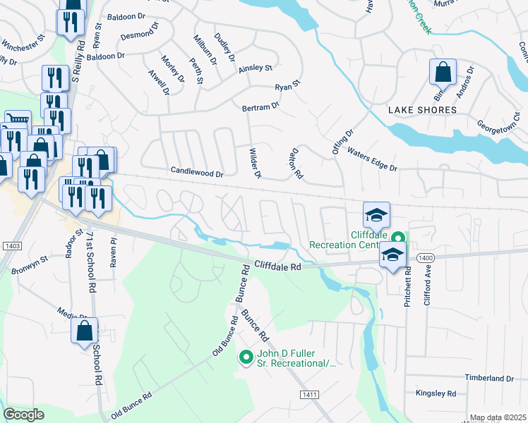 map of restaurants, bars, coffee shops, grocery stores, and more near 672 Bartons Landing Place in Fayetteville