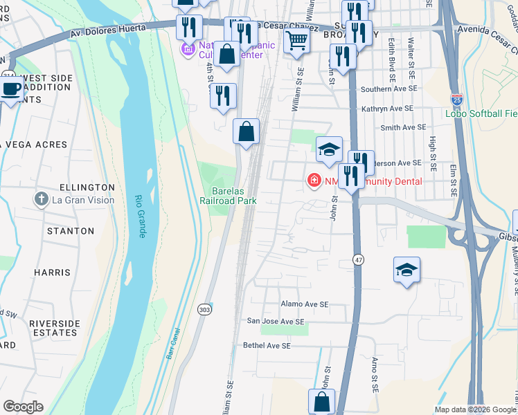 map of restaurants, bars, coffee shops, grocery stores, and more near 101 Hosher Avenue Southeast in Albuquerque