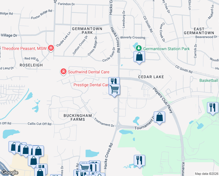 map of restaurants, bars, coffee shops, grocery stores, and more near 3255 West Sarazens Circle in Memphis