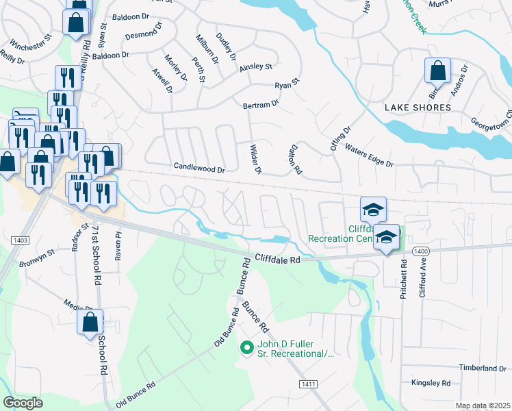 map of restaurants, bars, coffee shops, grocery stores, and more near 671 Bartons Landing Place in Fayetteville