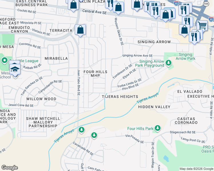map of restaurants, bars, coffee shops, grocery stores, and more near 12521 Tomlinson Drive Southeast in Albuquerque