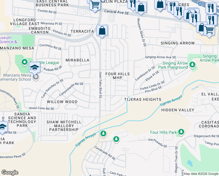 map of restaurants, bars, coffee shops, grocery stores, and more near 828 Ram Trail SE in Albuquerque