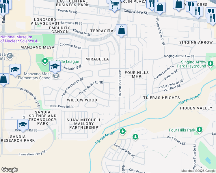 map of restaurants, bars, coffee shops, grocery stores, and more near 11800 Canyonlands Place Southeast in Albuquerque