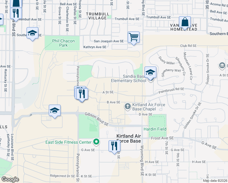 map of restaurants, bars, coffee shops, grocery stores, and more near 3051-3053 Birch Court Southeast in Albuquerque
