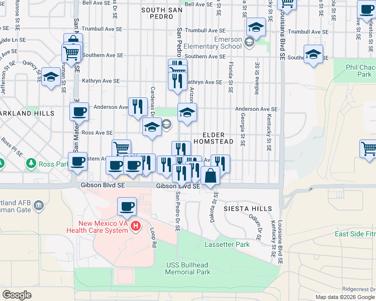 map of restaurants, bars, coffee shops, grocery stores, and more near 1020 Arizona Street Southeast in Albuquerque