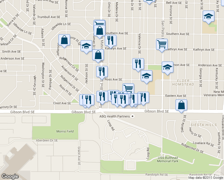 map of restaurants, bars, coffee shops, grocery stores, and more near 1325 Ortiz Drive Southeast in Albuquerque
