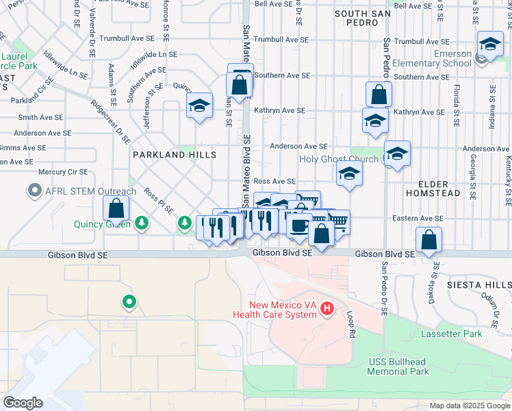 map of restaurants, bars, coffee shops, grocery stores, and more near 1325 Ortiz Drive Southeast in Albuquerque