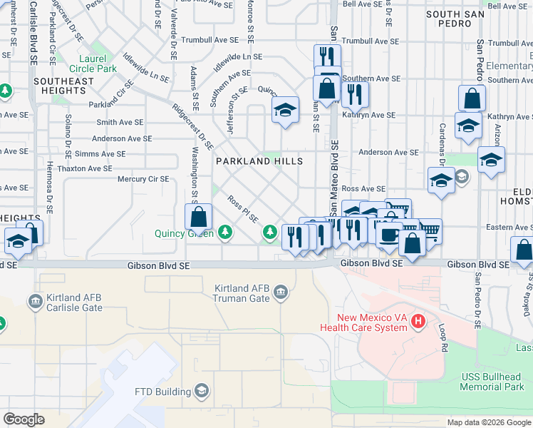 map of restaurants, bars, coffee shops, grocery stores, and more near 1812 Ridgecrest Drive Southeast in Albuquerque