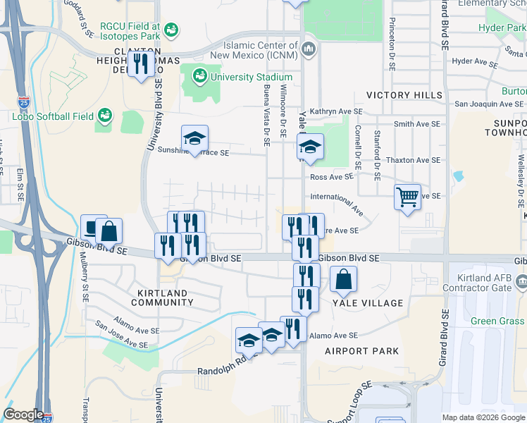 map of restaurants, bars, coffee shops, grocery stores, and more near 1900 Buena Vista Drive Southeast in Albuquerque