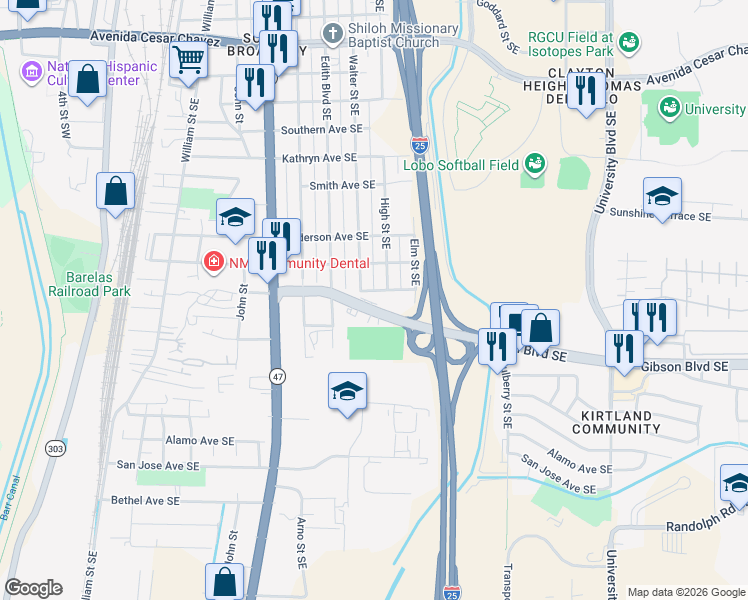 map of restaurants, bars, coffee shops, grocery stores, and more near 815 Ross Avenue Southeast in Albuquerque