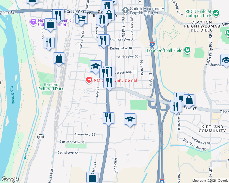 map of restaurants, bars, coffee shops, grocery stores, and more near 414 Gibson Boulevard Southeast in Albuquerque