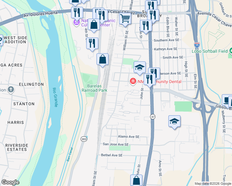 map of restaurants, bars, coffee shops, grocery stores, and more near 2201 William Street Southeast in Albuquerque