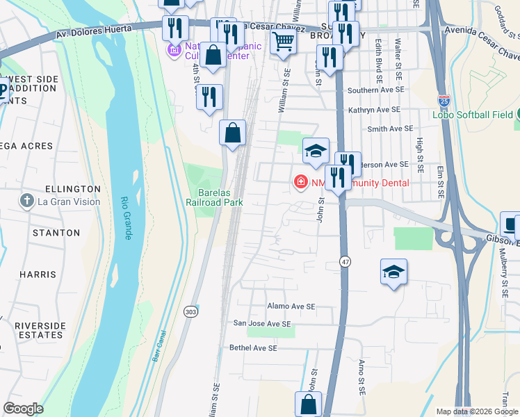 map of restaurants, bars, coffee shops, grocery stores, and more near 2201 William Street Southeast in Albuquerque