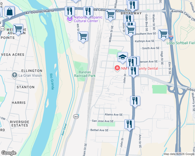 map of restaurants, bars, coffee shops, grocery stores, and more near 101 Hosher Avenue Southeast in Albuquerque