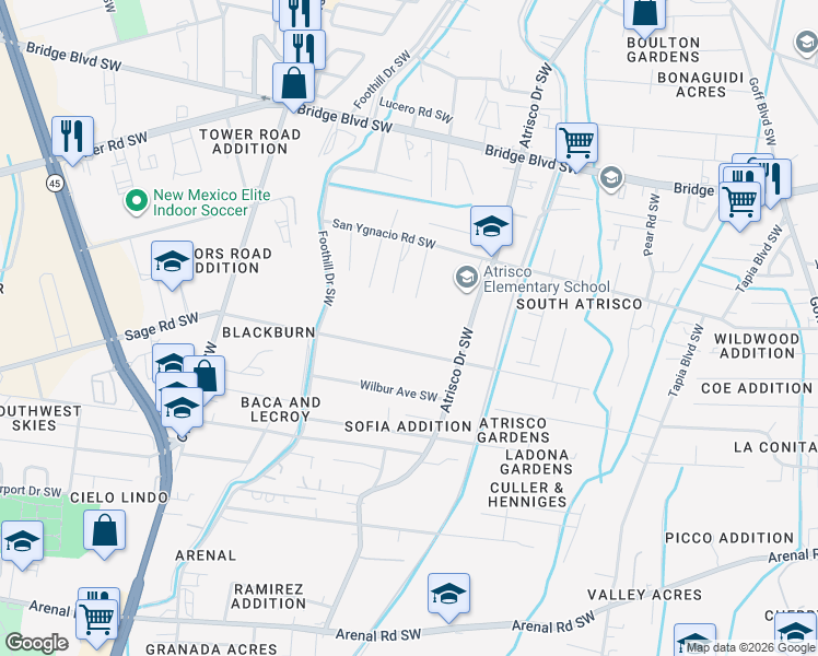 map of restaurants, bars, coffee shops, grocery stores, and more near 2507 Rosendo Garcia Road Southwest in Albuquerque