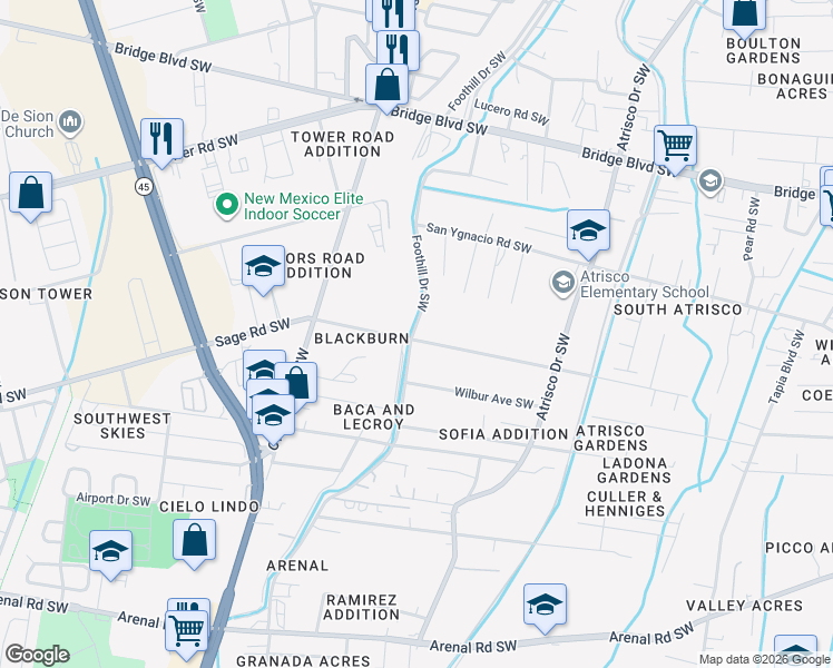 map of restaurants, bars, coffee shops, grocery stores, and more near 1238 Foothill Drive Southwest in Albuquerque