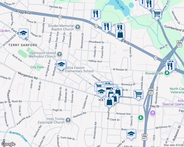 map of restaurants, bars, coffee shops, grocery stores, and more near 1407 General Lee Avenue in Fayetteville