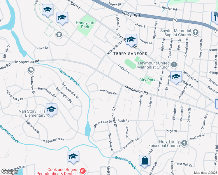 map of restaurants, bars, coffee shops, grocery stores, and more near 2207 Morganton Road in Fayetteville