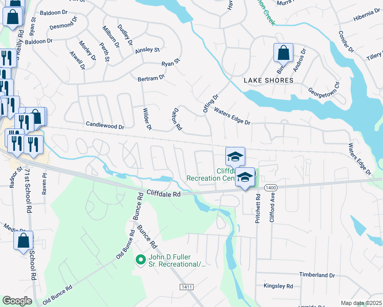map of restaurants, bars, coffee shops, grocery stores, and more near 504 Anona Drive in Fayetteville