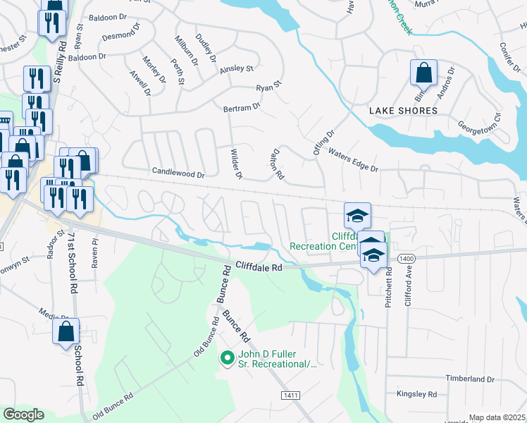 map of restaurants, bars, coffee shops, grocery stores, and more near 681 Bartons Landing Place in Fayetteville