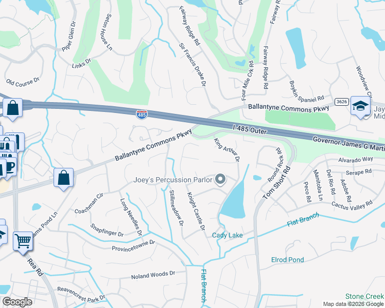 map of restaurants, bars, coffee shops, grocery stores, and more near 10611 Knight Castle Drive in Charlotte