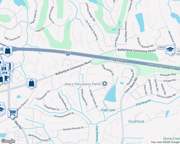 map of restaurants, bars, coffee shops, grocery stores, and more near 10611 Knight Castle Drive in Charlotte