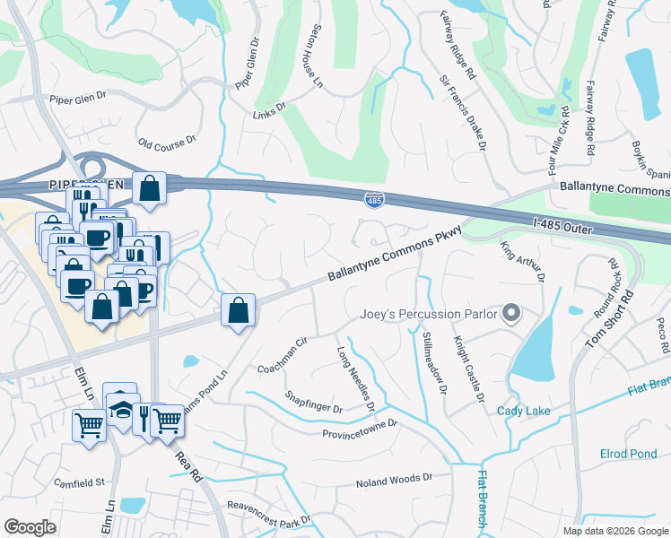 map of restaurants, bars, coffee shops, grocery stores, and more near 11523 Essex Fells Drive in Charlotte