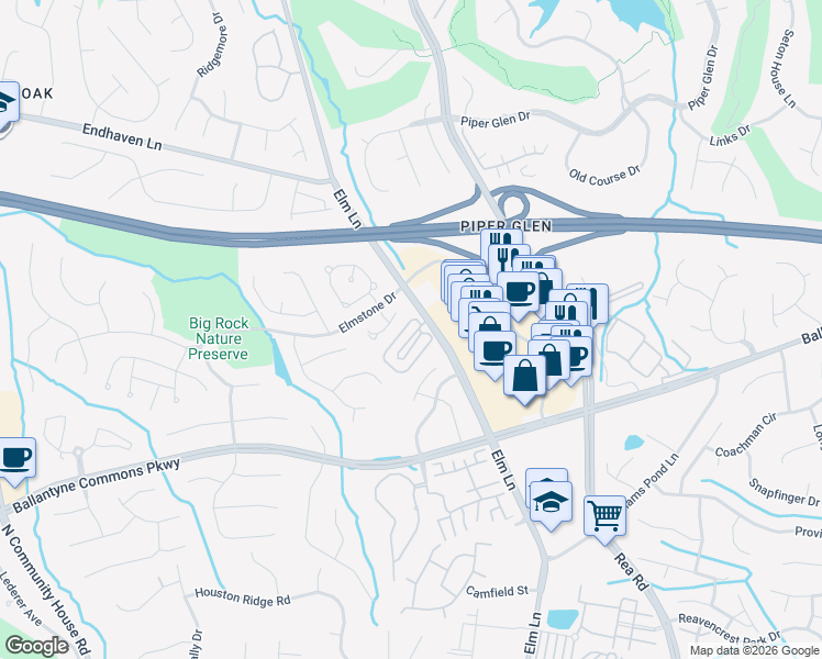 map of restaurants, bars, coffee shops, grocery stores, and more near 6111 Park Hill Road in Charlotte