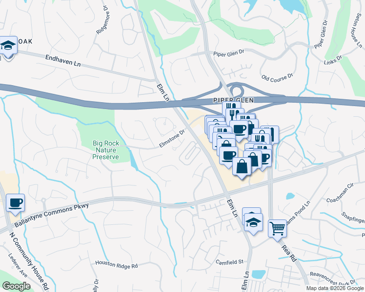 map of restaurants, bars, coffee shops, grocery stores, and more near 6111 Park Hill Road in Charlotte