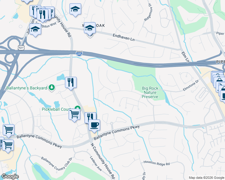 map of restaurants, bars, coffee shops, grocery stores, and more near 6816 Elmstone Drive in Charlotte