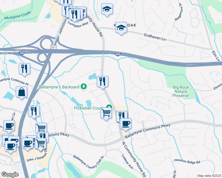 map of restaurants, bars, coffee shops, grocery stores, and more near 11620 North Community House Road in Charlotte