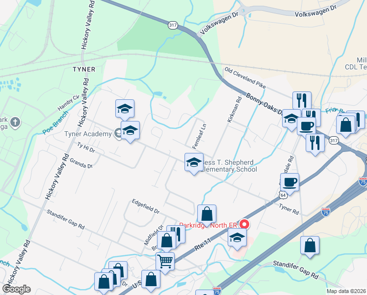 map of restaurants, bars, coffee shops, grocery stores, and more near 7030 Arbor Leaf Lane in Chattanooga