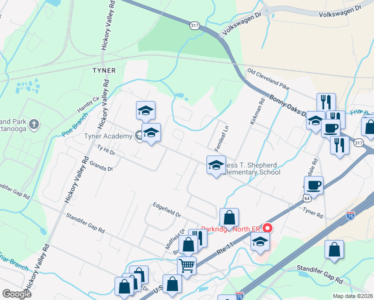 map of restaurants, bars, coffee shops, grocery stores, and more near 7106 Blossom Circle in Chattanooga