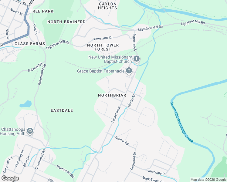 map of restaurants, bars, coffee shops, grocery stores, and more near 2449 NorthBrier Circle in Chattanooga