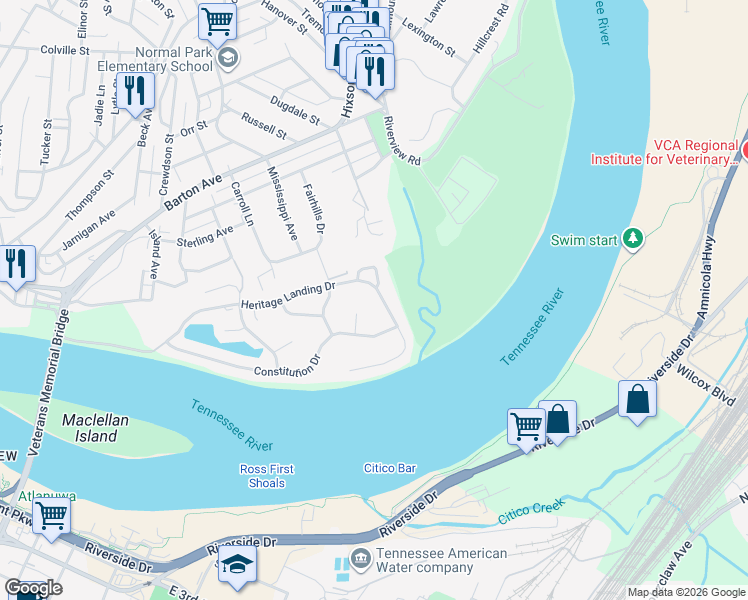 map of restaurants, bars, coffee shops, grocery stores, and more near 1410 Heritage Landing Drive in Chattanooga