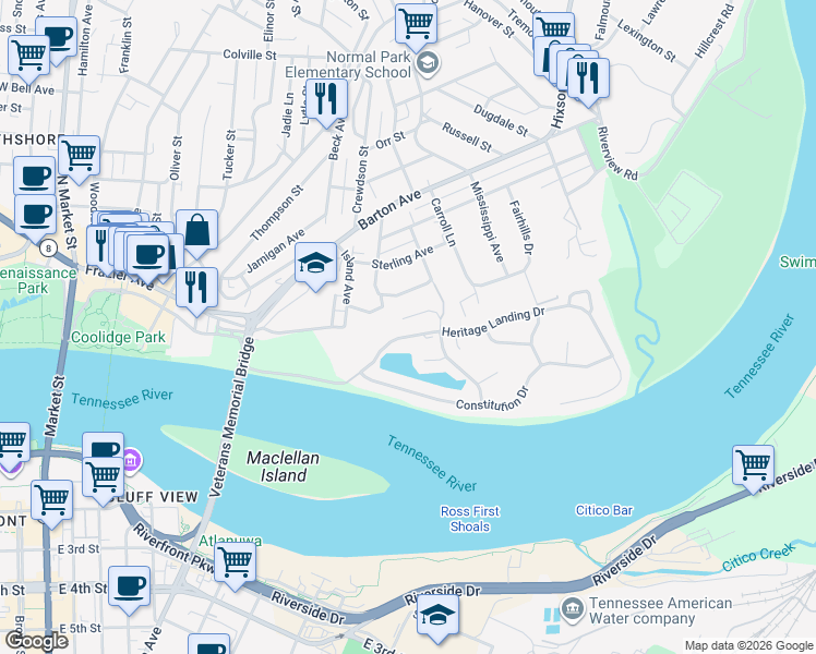 map of restaurants, bars, coffee shops, grocery stores, and more near 1111 Centennial Drive in Chattanooga