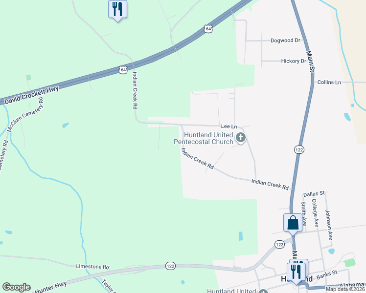 map of restaurants, bars, coffee shops, grocery stores, and more near 589 Indian Creek Road in Huntland
