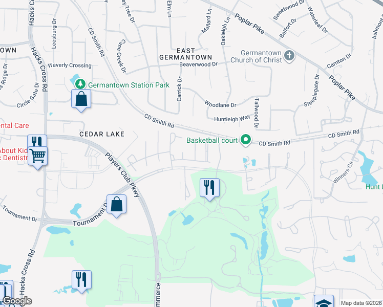 map of restaurants, bars, coffee shops, grocery stores, and more near 3225 Winderly Pine Cove in Memphis
