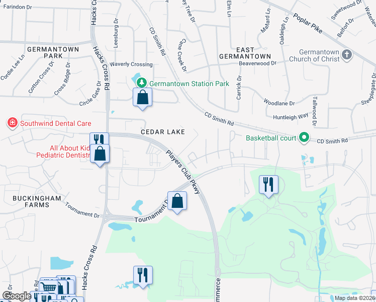 map of restaurants, bars, coffee shops, grocery stores, and more near 3250 Players Club Parkway in Memphis