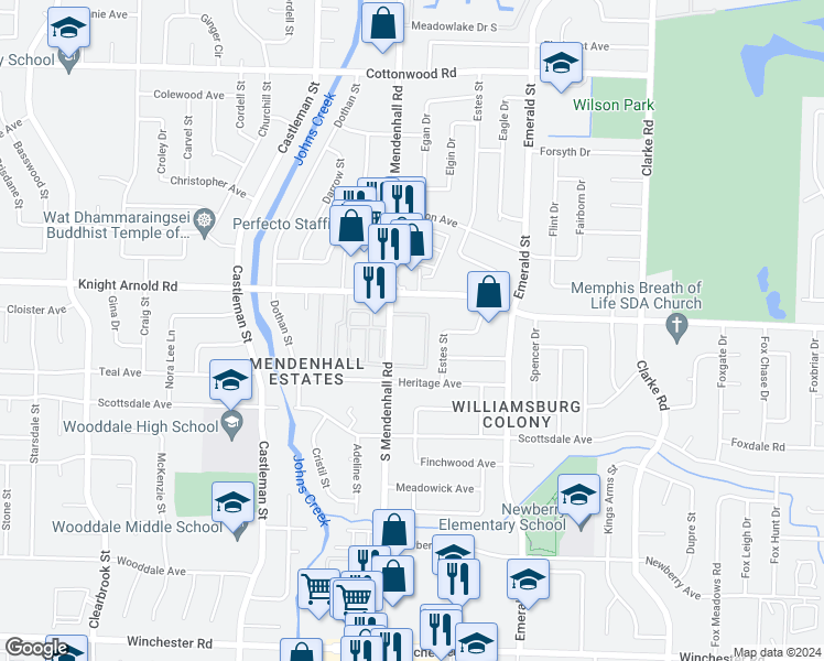 map of restaurants, bars, coffee shops, grocery stores, and more near 3218 13 Colony Mall in Memphis